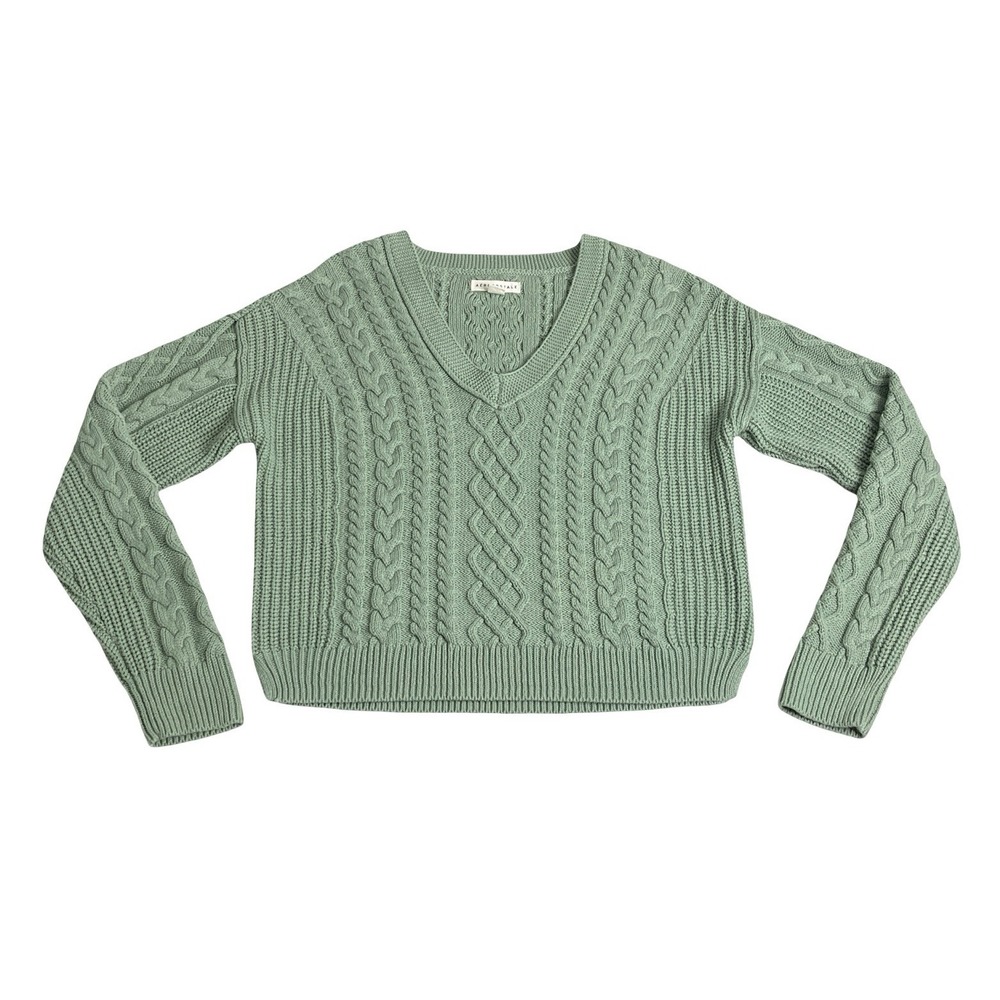 Aeropostale Cable Knit Crop Sweater Womens XS Green V-Neck Pullover Preppy Boho
